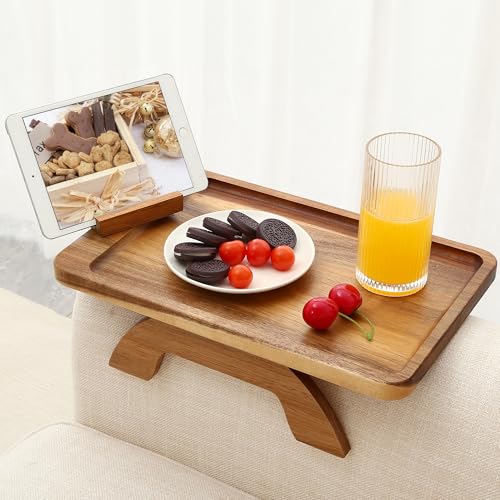 SINWANT Couch Arm Tray, Acacia Wood Sofa Arm Rest Table Clip on Wide Armrest,Folding Anti Slip Couch...