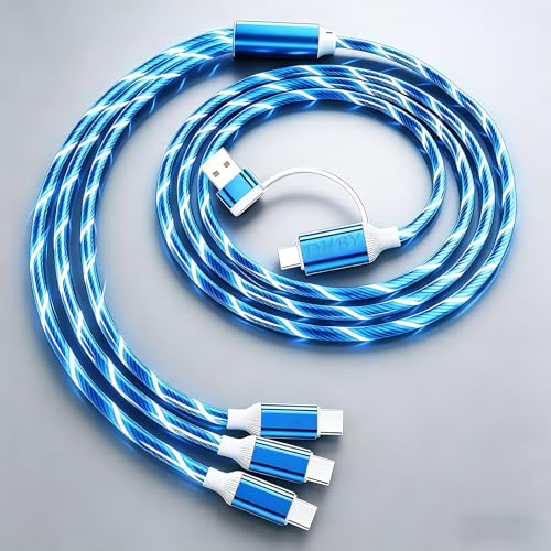 Image of 6-in-1 LED Blue Flow Charging Cable, 47-inch USB Cable, Supports Simultaneous Charging & Data Transfer, Flexible Tangle-Free PVC, Multi-Device Compatible, Charges 3 Devices at Once.