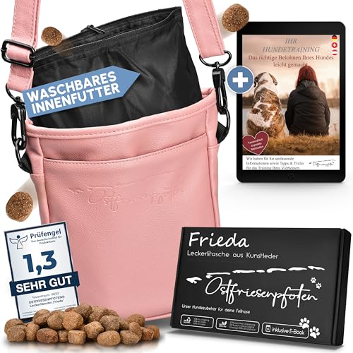 Ostfriesenpfoten® Leckerlibeutel 'Frieda' für Hunde aus hochwertigem Kunstleder - Altrosa Größe M - Futterbeutel mit EasyOpen Einhandmagnetverschluss - Gassitasche für Hunde-Leckerli
