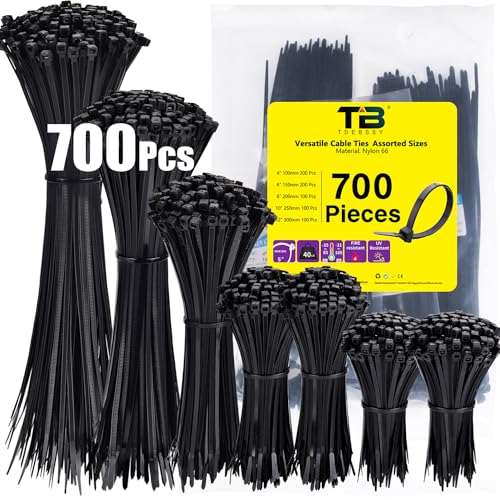 Bridas de Plastico 700 Piezas Para Cables, Nylon de Bridas Negras, Abrazaderas Plastico 3.6mm Bridas Electronica 100/150/200/250/300mm, Bridas Para Cables Para Oficina, Hogar, Exteriores