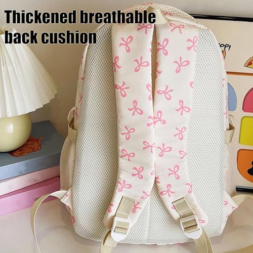 3Pcs Pink Bow Backpack, Bow Backpack Bags Set for Girls, Cute Kawaii Backpacks Set Large Capacity (White Brown,One SIze)3