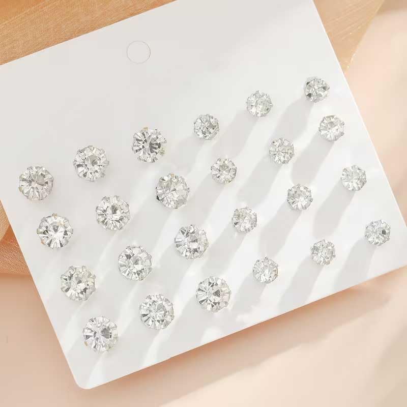 Image of 24Pairs Shiny Zircon Stud Earrings Set for Women Men Daily Use Black & White Color Crystal Ear Studs Small Rhinestone Ear-Rings Gemstone Earring Tops Office Wear