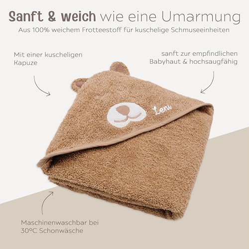 wunderwunsch Jollein Kapuzenhandtuch Baby als Geschenk zur Geburt, personalisiert mit Wunschnamen, Babyhandtuch, Babytuch, Bademantel für Babies, individualisiert mit Namen (Bär, mit Name)