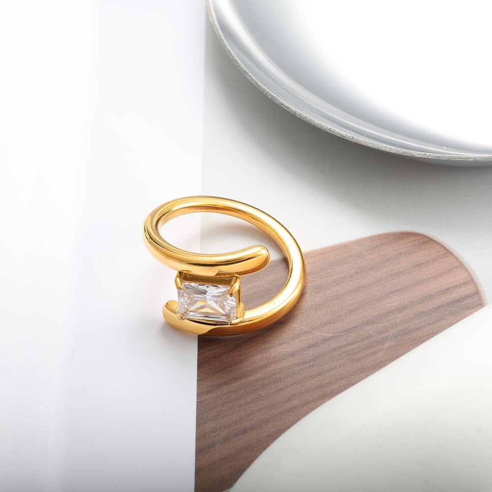 Adjustable Cubic Zirconia Ring for Women Elegant Gold-Tone Plated Stackable Wrap Rings Sparkling CZ Wedding Band Middle Thumb Finger Comfort Fit Fashion Jewelry Hypoallergenic Stainless Steel - Image 5
