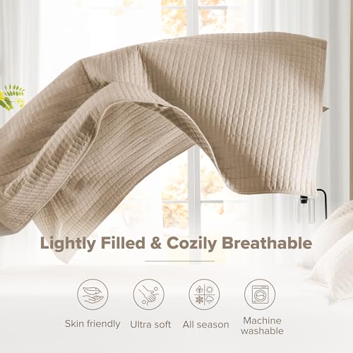 Comfort Spaces Kienna Quilt Set- Double Sided Stitching Design Summer Blanket, Lightweight, Soft, All Season Bedding Layer, Matching Sham, Taupe, Coverlet King (104"x90") 3 Piece