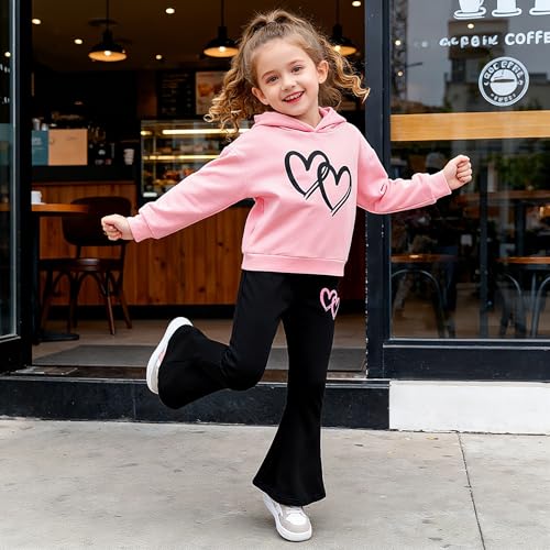 Image of 6-13 Years Girls Clothing Heart Print Hoodie Top + Heart Print Flare Leg Pants 2PC Clothing Set