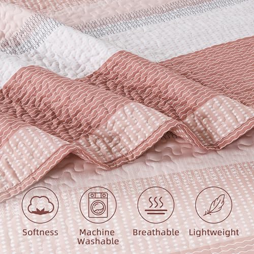 Image of Andency Queen Quilt Bedding Set Blush Pink, 3 Pieces Patchwork Summer Striped Ultra Soft Lightweight Bedspreads, Coverlets Set with 2 Pillow Shams for All Seasons (90 inchx96 inch)
