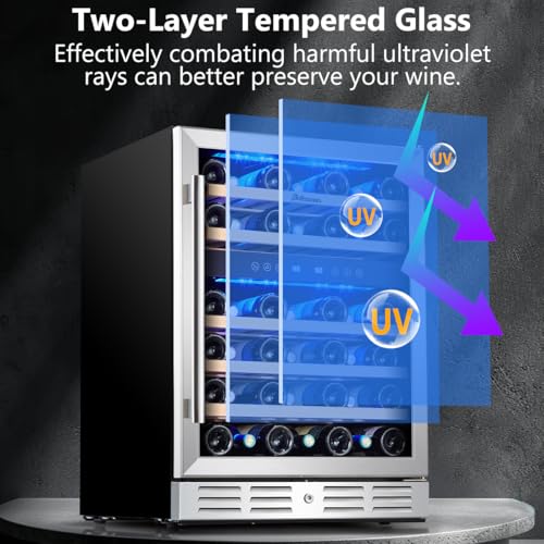 kalamera 24 inch wine cooler 46 bottle - dual zone built-in or freestanding fridge with stainless steel reversible glass door for home kitchen or office