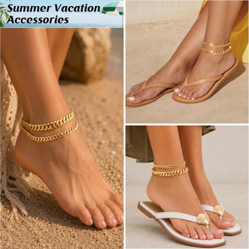 Image of DEARMAY Gold Ankle Bracelets for Women Waterproof, Non Tarnish 14K Gold Plated Beaded Link Chain Anklets, Layered Summer Beach Jewelry Gifts, Dainty Bikini Outfits for Vacation