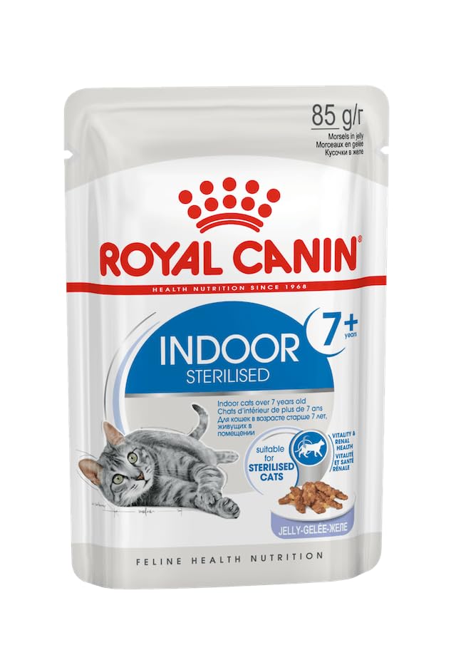 Royal Canin Indoor Sterilised 7+ | Pack de 4 | 4 x 12 x 85 g | Aliment Complet pour Chats à partir de 7 Ans | pour Les Chats stérilisés Vivant en intérieur | Morceaux en gelée