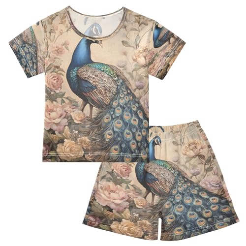 ALAZA Peacock Peony Flower Floral Pajamas Set Short Sleeve Cotton Sleepwear Summer Pjs 2 Piece 5-14Y