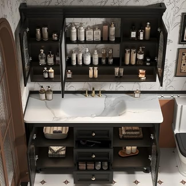 Bathroom Vanity with Sink Combo Set, Solid Wood Frame Bathroom Storage Cabinet with Drawers & Mirror CabinetBlack,100cm/40in