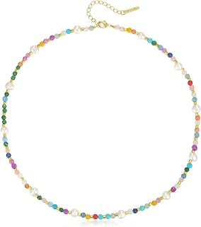 Beaded Choker Necklace for Women, Colorful Natural Gemstones Pearl Choker 14K Gold Plated Pendant Healing Crystal Necklace Stone Jewelry Gift for Teen Girls