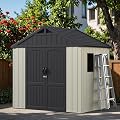 Greesum 8x6FT Plastic Outdoor Storage Shed with Floor, Resin Sheds with Window and Lockable Door, Easy Assembly, HDPE Kick-it Shed for Garden, Lawn, Backyard, Beige