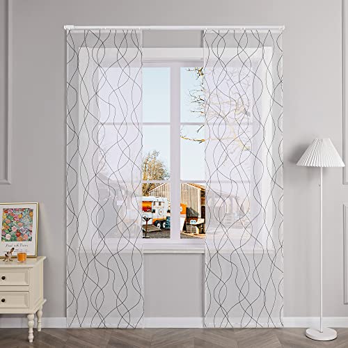 Yujiao Mao 2er-Set Schiebevorhänge mit Klettband Dünne Schlangenlinie Muster Doris Garn weiß fertiggardine für groß Fenster,HxB 245x57cm schwarz Cover