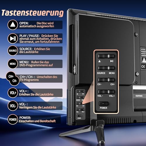 DESOBRY 19 Zoll Kleine Fernseher mit DVD Player integriert, 1080P Outdoor tv unterstützt Antenne HDMI USB AV Eingang, 12V Fernseher für wohnmobil/Camping/Wohnwagen