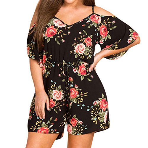 Mono Largo Mujeres JiaMeng Mujeres Bohemia Tallas Grandes Camisole Imprimir Moda Casual Manga Corta Mono (XL, Negro)