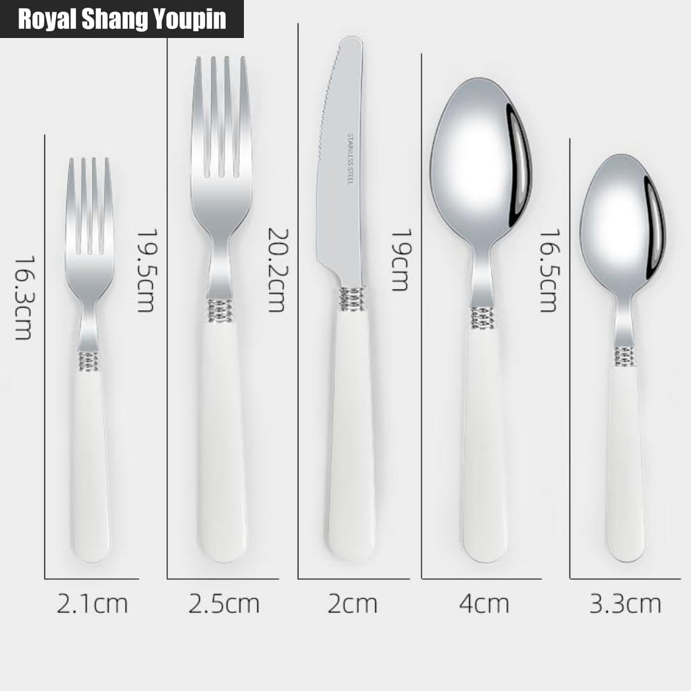 Poignée en Plastique Épaissie Cuisine Acier Inoxydable Argenterie Vaisselle Couverts Ensemble De Couverts Couteau À Steak Fourchette Cuillère Cuillère À Café (Blanc,20 pièces)
