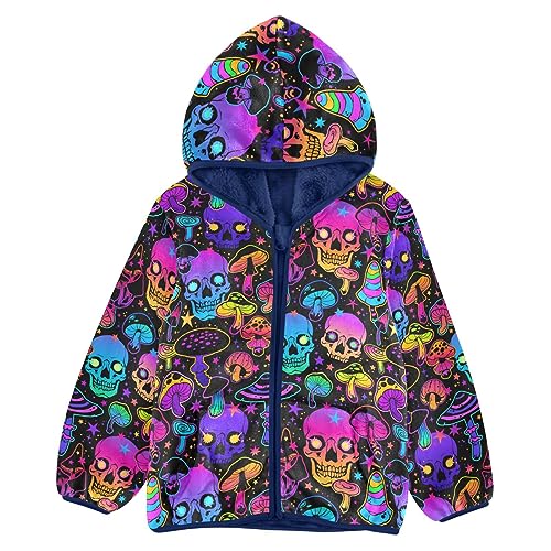 Colorful Mushrooms Skulls Boys Fleece Hoody Jacket Zip Up Coat Warm Fall Winter Plush Jacket Long Sleeve Outerwear