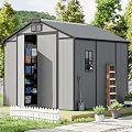 CDCASA 8x8x7 FT Resin Shed with Floor Included, Steel?Reinforced Large Waterproof Outdoor Storage Sheds with Base & Lockable Door & Window & Vents, Outside Plastic Tool for Outside Patio Backyard