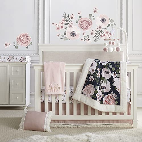 Image of Levtex Baby - Fiori Crib Bed Set - Baby Nursery Set - Floral - Charcoal, Coral, Pink, Green, Cream - Bold Floral - 4 Piece Set Includes Quilt, One Fitted Sheet, Wall Decal & Skirt/Dust Ruffle