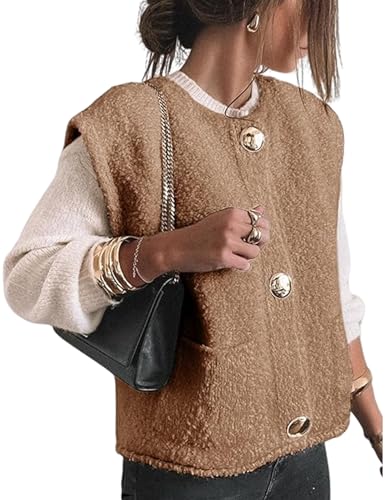 Yimoon Women Fleece Sweater Vest Cropped Button Down Sleeveless Knit Gilet Fashion Winter Outerwear with Pockets XS-L