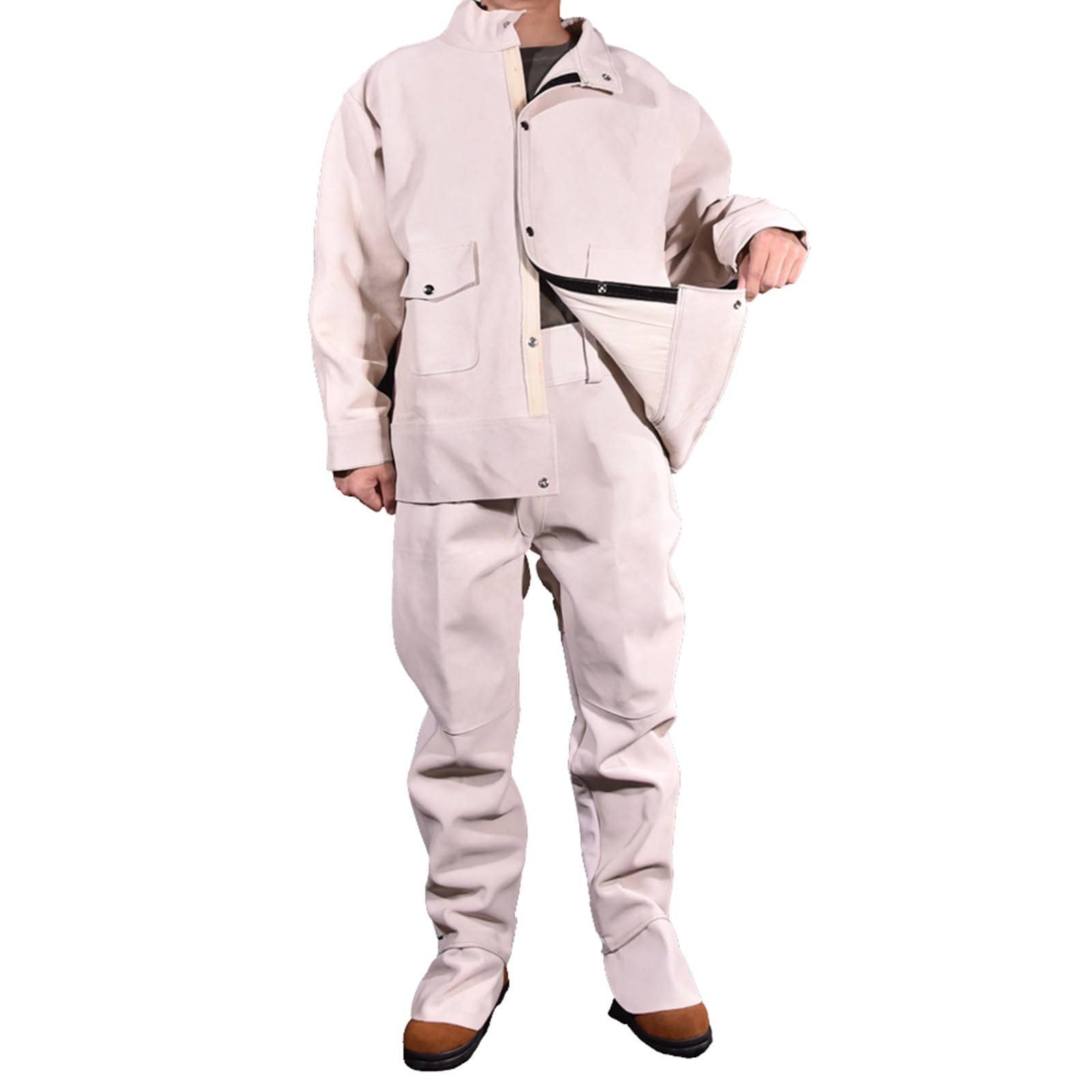 Cowhide Schweißer-Overall Für Männer Und Frauen Flammhemmende Schweißerjacke Hochbelastbar Schweißer-Lederhosen 2er Set(Gris,XXL)