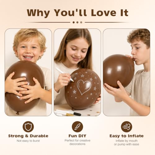 Image of Brown Balloons, 12 Inch Dark Coffee Neutral Latex Party Balloon 30 Pack | For Bear Baby Shower, Boho Birthday, Wedding, Western Party, Woodland Decor Neutral Balloon Arch Garlands.