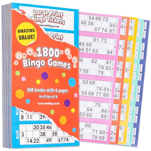 evelay Boletos de bingo de impresión grande, 1800 juegos, 50 libros con 6 páginas, códigos de seguridad, páginas multicolor