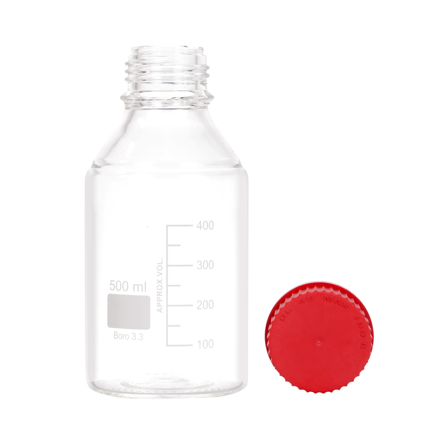 4 botellas de laboratorio redondas graduadas de 500 ml con tapa de rosca roja GL45 PBT, vidrio transparente de borosilicato 3.3