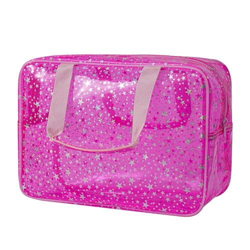 Clear PVC Star Large Cosmetic Bag, Transparent Large Zippered Opening Makeup Bag, Portable Waterproof Travel Bag with Handle, Gym, Swimming and Beach Bag (01Pink)