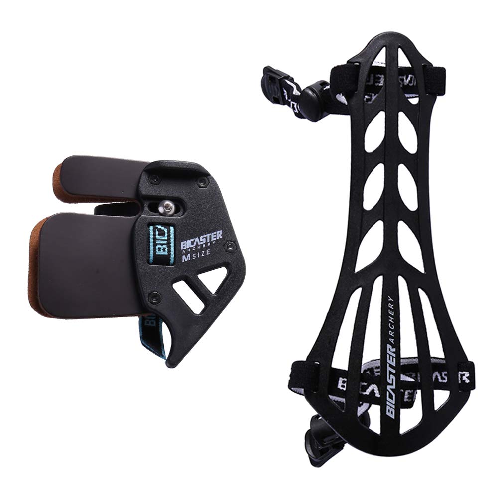 BICASTER Archery Finger Tab Guard (RH) + Arm Guard Set for Tradition Bow Recurve Bow Protective Gear (Black, X-Small)