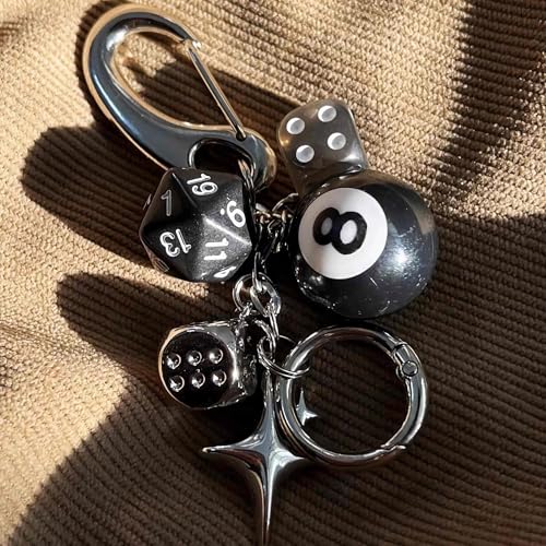 Image of magic 8 ball dice keychain, cute aesthetic y2k pool ball star key chain for men, purse bag charms for handbags backpack, billiards gifts for men