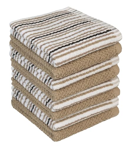 Bumble Premium Dish Cloths Towel 12"x12" | 100% Natural Ring Spun Cotton Tea Towel Set | 430 GSM | Highly Absorbent & Soft Dish Towels | 8 Pack - 4 Popcorn Striped & 4 Solid Kitchen Towels - Tan