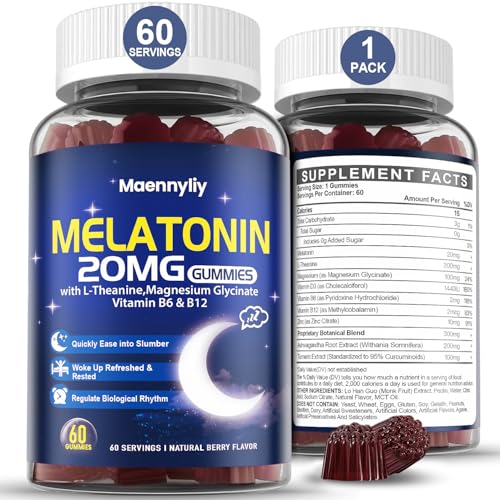 Image of Maennyliy Melatonin 20mg Gummies for Adults - Sugar Free Melatonin Gummies Extra Strength with L-Theanine, Magnesium, Ashwagandha, Turmeric, D3 & Zinc - Non-Habit Forming