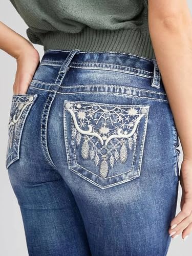 Bootcut Jeans for Women Embroidered Mid Rise Curvy Jeans Stretchy Tummy Control Flare Denim Pants with Pockets3