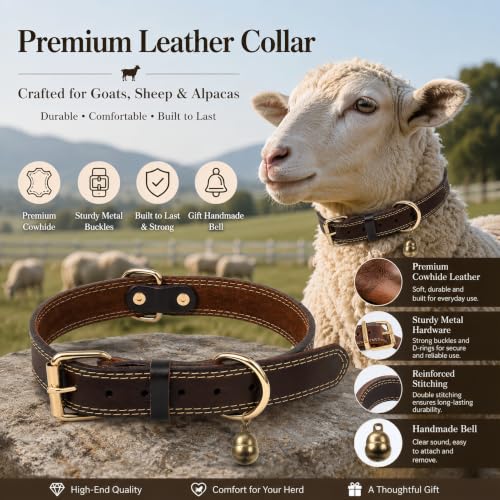 Image of Genuine Leather Goat Collar with Brass Bell,L-26 (Neck Fits 19-23in) | Heavy Duty Cowhide Pet Necklace,Adjustable & Durable for Pet Goats and Sheep,Alpacas,Deer