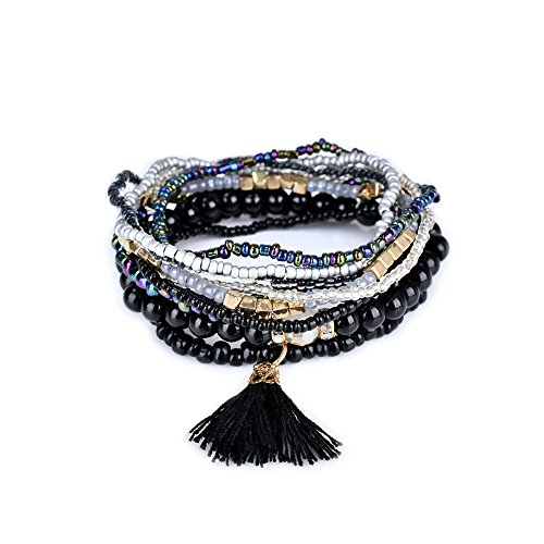 lureme Bohemian Beads Pearl Tassel Multi Strand Textured Stackable Bangle Bracelet Set-Black(bl003054-2)