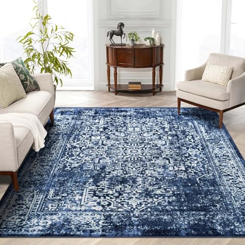 vivorug 6x9 Area Rugs, Stain Resistant Washable Rug for Living Room, Vintage-Inspired (Navy Blue, 6'x9')