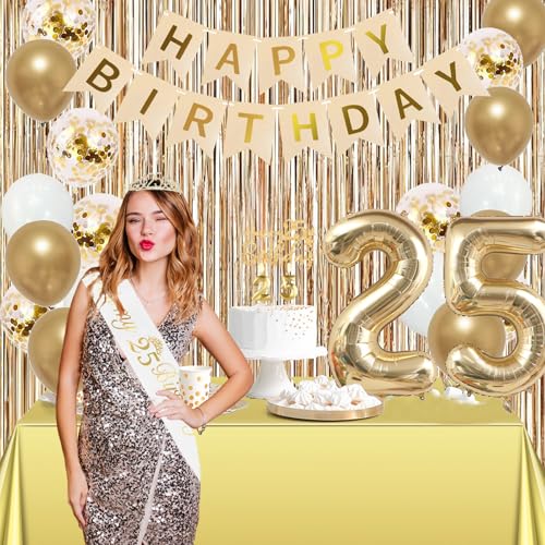 Image of Trgowaul 25th Birthday Decorations for Women, Banner, Sash and Crown, Cake Topper, 25 Number Balloon, Fringe Curtains, Champagne Gold 25th Birthday Party Supplies