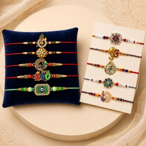 Image of DeoDap Rakhi Gift Set for Brother | Pack of 10 Designer Rakhi with Pooja Thali, Roli Chawal, Silver Color Pooja Coin & Greeting Card | Raksha Bandhan Gift Combo for Bhai