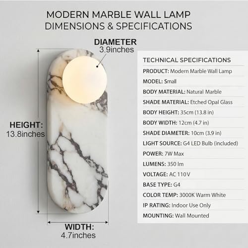 Image of Natural Marble Wall Sconces, Alabaster Wall Light, Hardwired Wall Light Fixtures, Modern Wall Mount Wall Lights for Dining Room Stairs Bedroom 13.8in