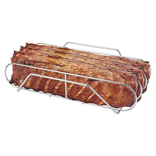 Extra Long Stainless Steel Rib Rack for Smoking and Grilling, Holds up to 3 Full Racks of Ribs, Fits 18” or Larger Gas Smoker or Charcoal Grill, Perfect Smoker Accessories Gifts for Men