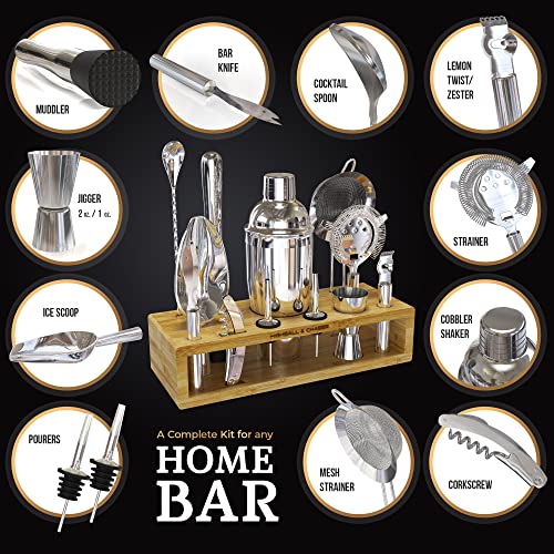 Highball & Chaser Premium Cocktail Shaker Bartender Kit With Natural Bamboo Stand. Beautiful Cobbler Cocktail Shaker Set With Bar Tools. Stainless Steel Bar Set With Stand #TOP1