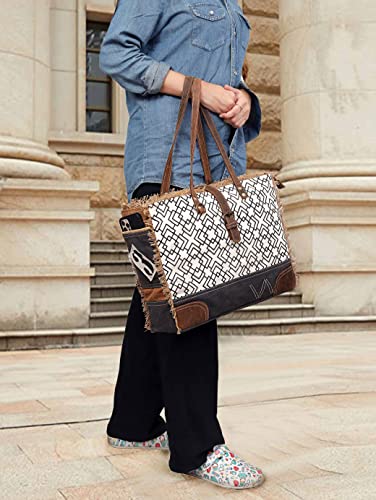 Image of Upcycled Canvas & Leather Shoulder Bag Tote Crossbody Purse Leather Tote Bag Classic Canvas Tote