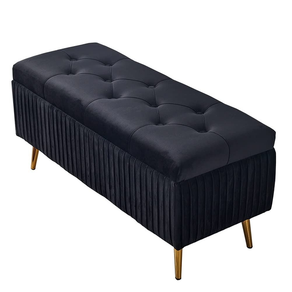 Pouf repose-pieds noir en flanelle avec coffre de rangement rectangulaire