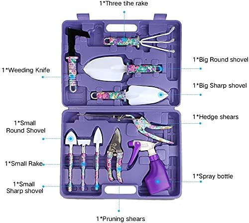 NARA CO Garden Tool Set, 11 Pcs Gardening Tools Purple Floral Print. Best Gift for Women: Handle Trowel, Rake, Pruning, Shear, Sprayer, Shovel, and Gloves That Includes a Pruning Shears Carrying Case - Image 3