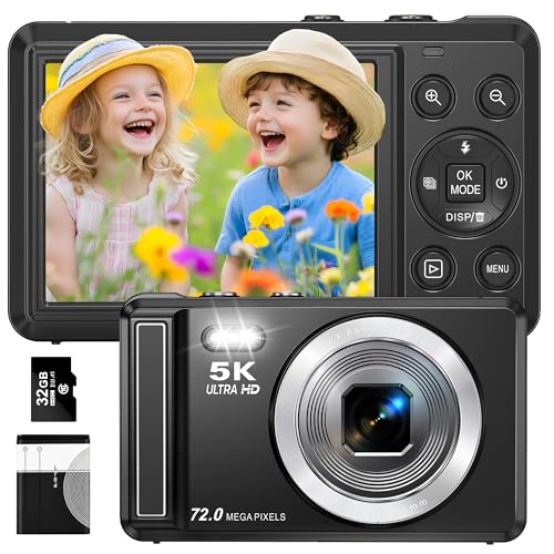 5K Digital Camera - Point and Shoot Small Digital Cameras - 72MP UHD Autofocus Compact Camera for Photography - 2.8" Screen Portable Vlogging Camara Gifts for Kids with Flash, 32GB Card, 16X Zoom