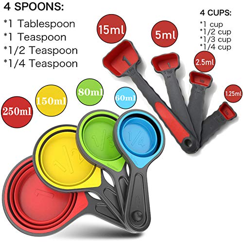 Grandfort Collapsible Silicone Soft Measuring Cups And Measuring Spoons,8 Pieces Portable Food Grade Silicone Measurement Cup For Liquid & Dry Measuring Baking &Utensils & Travel Measuring Cup,Space Saver thumb #1