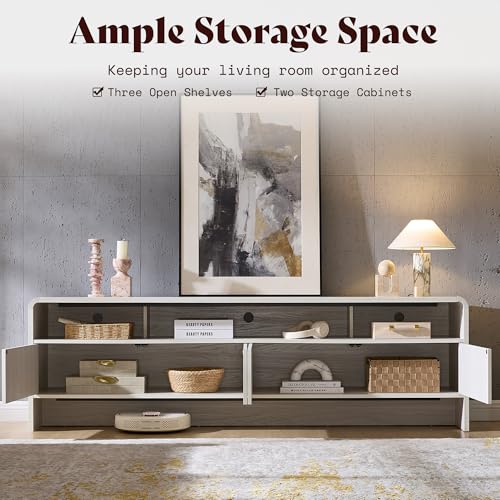 Image of AMERLIFE 70 inch Modern TV Stand for TVs Up to 80 inch, Wood TV Console with Curved Profile Design & 2 Storage Cabinets, Media Console Entertainment Center for Living Room, White